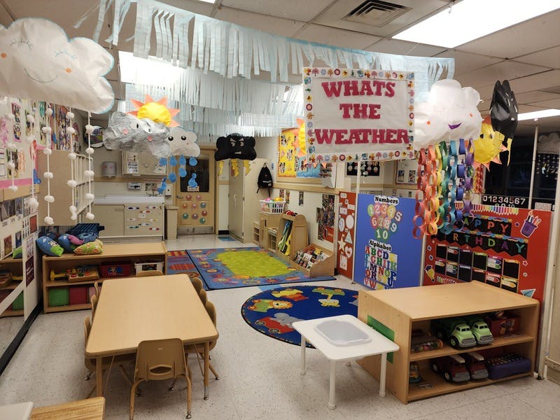 Classroom decorated with paper clouds, sun, and a "What's the Weather" sign