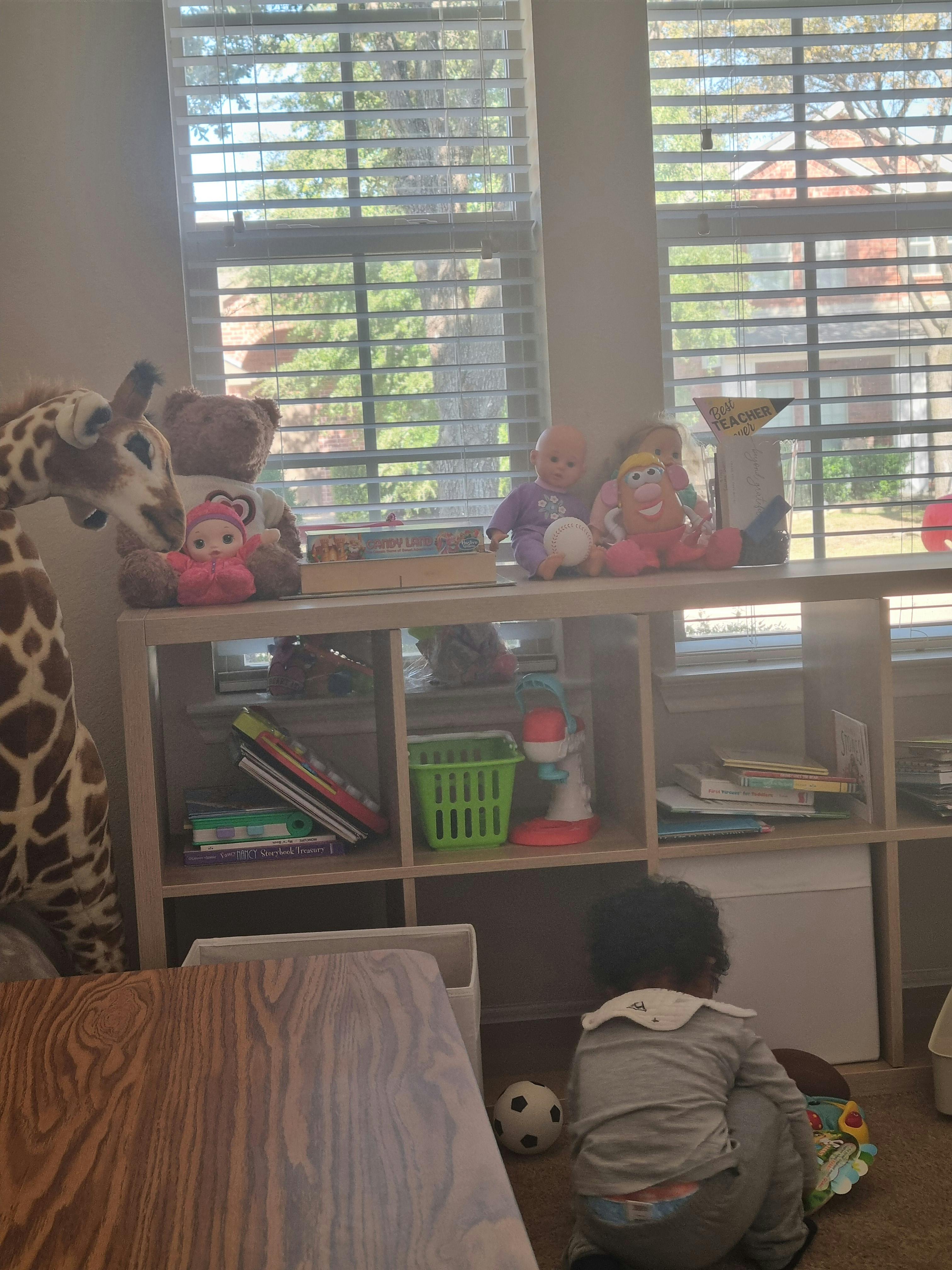 Child playing on the floor with a soccer ball near a bookshelf