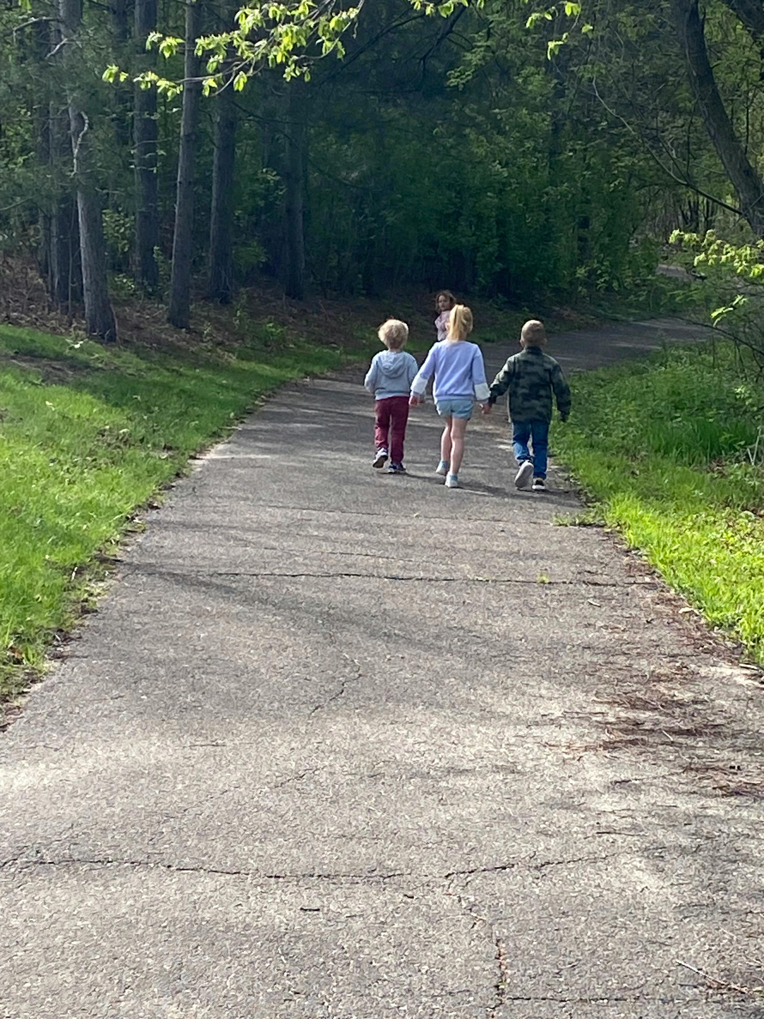 Three children walking away on a paved path through a wooded area