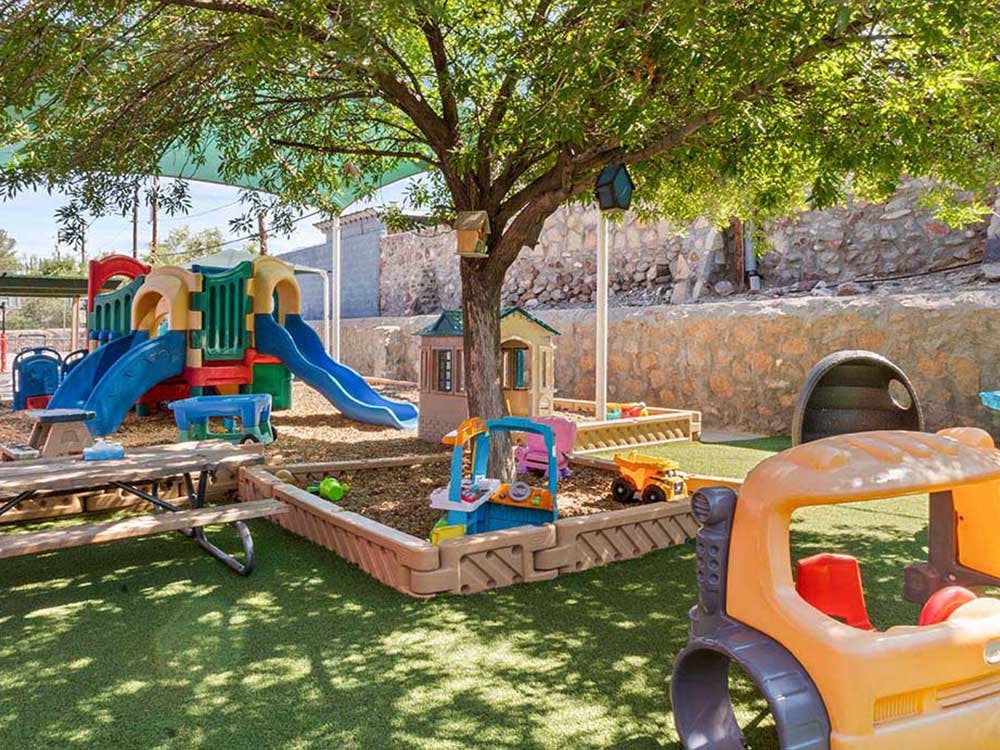 Outdoor playground with slides, play structures, and a large tree
