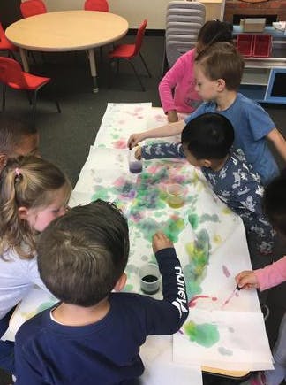 Children painting on a large sheet of paper