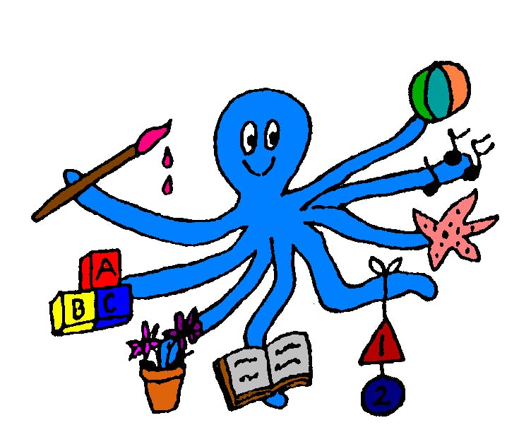 Blue cartoon octopus holding various objects like a paintbrush, blocks, and a book