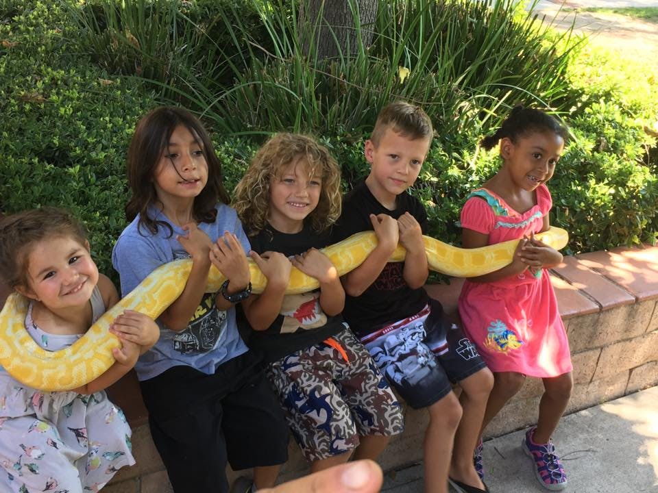 Children holding a large yellow snake