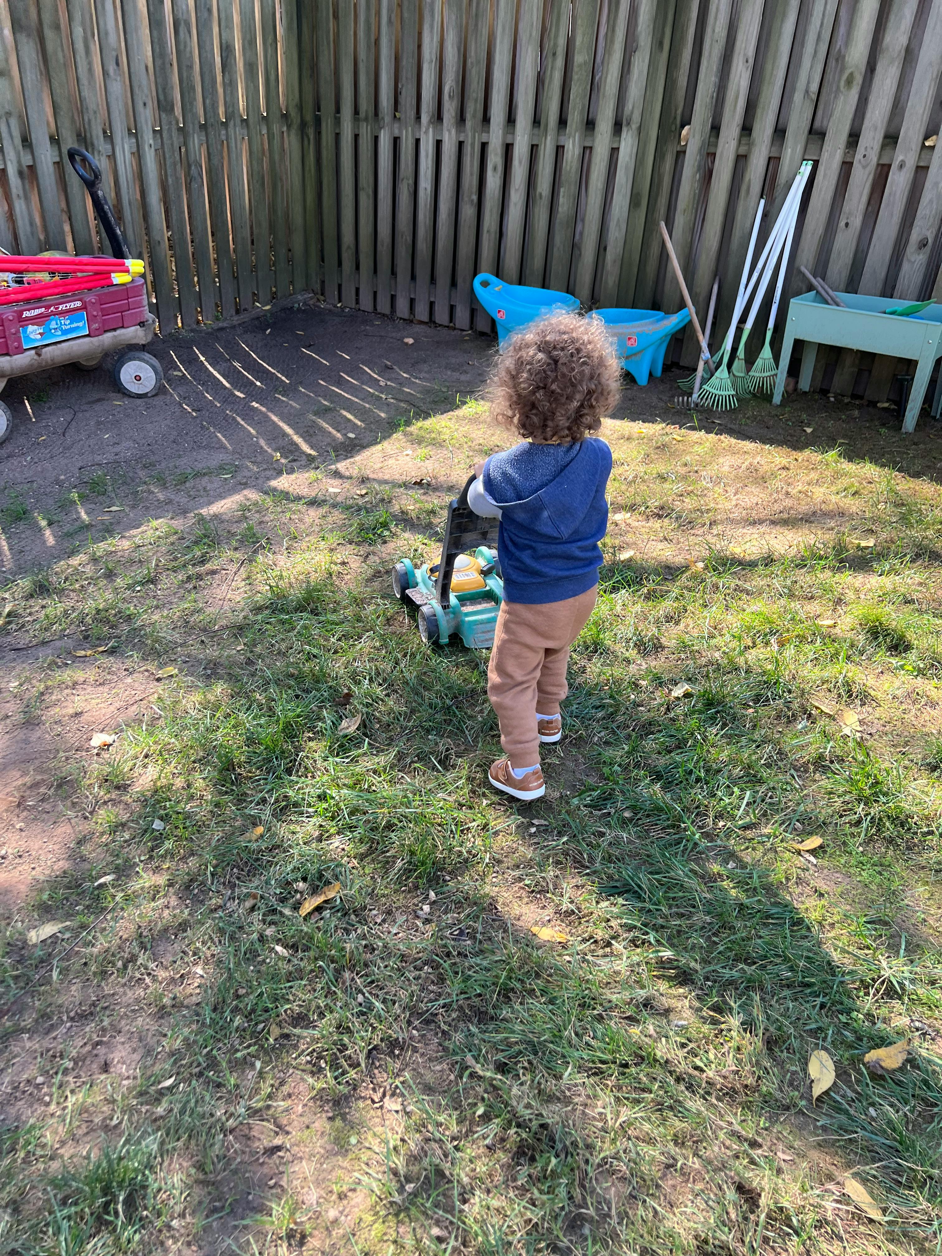 Child playing with a toy lawnmower in a grassy yard