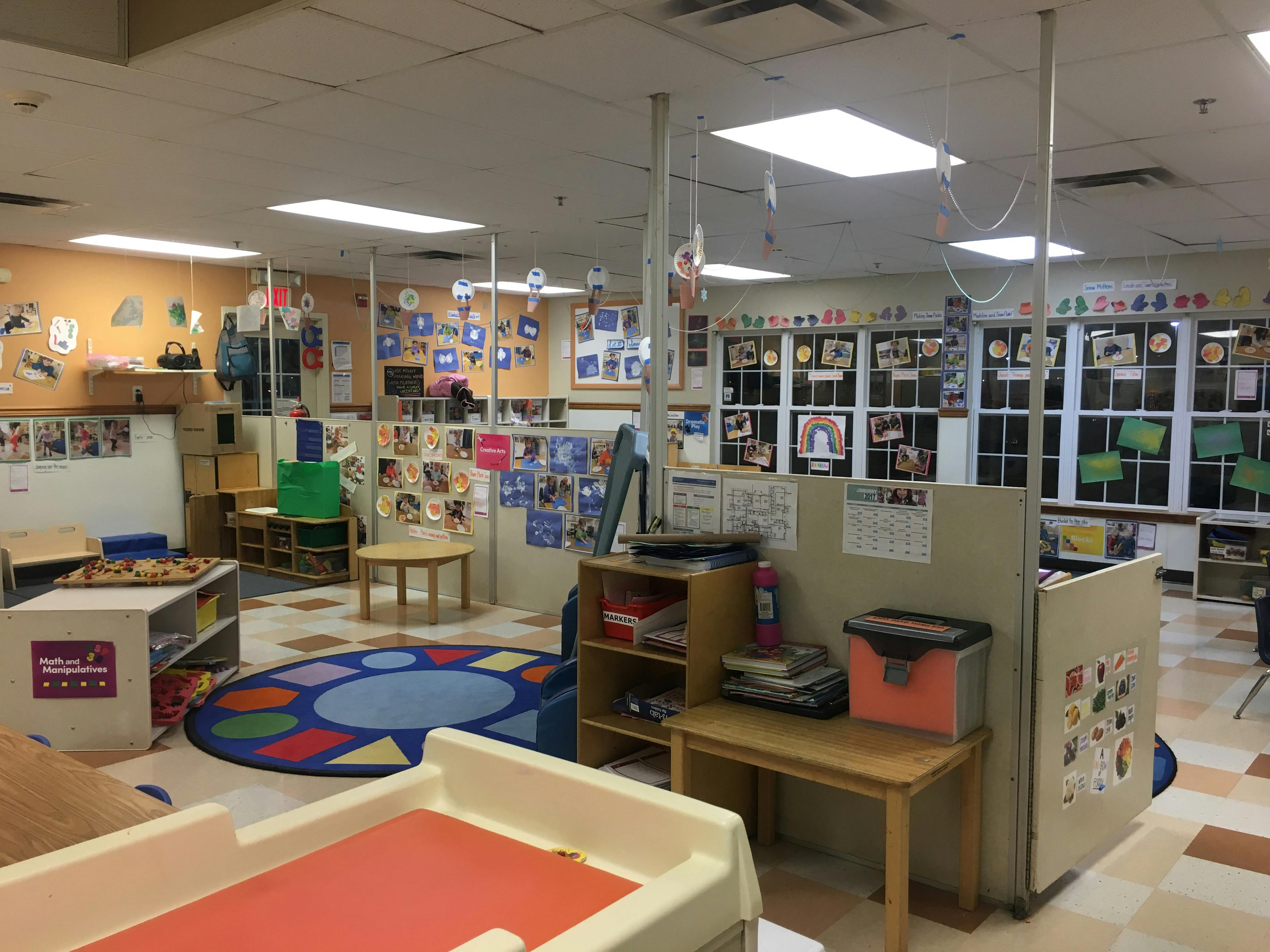 Classroom with children's artwork and educational materials on display