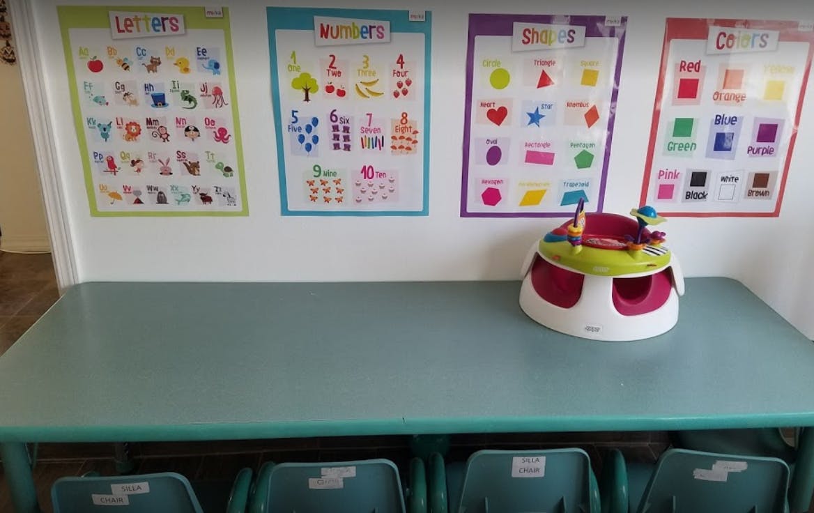 Classroom with educational posters and a baby seat on a table