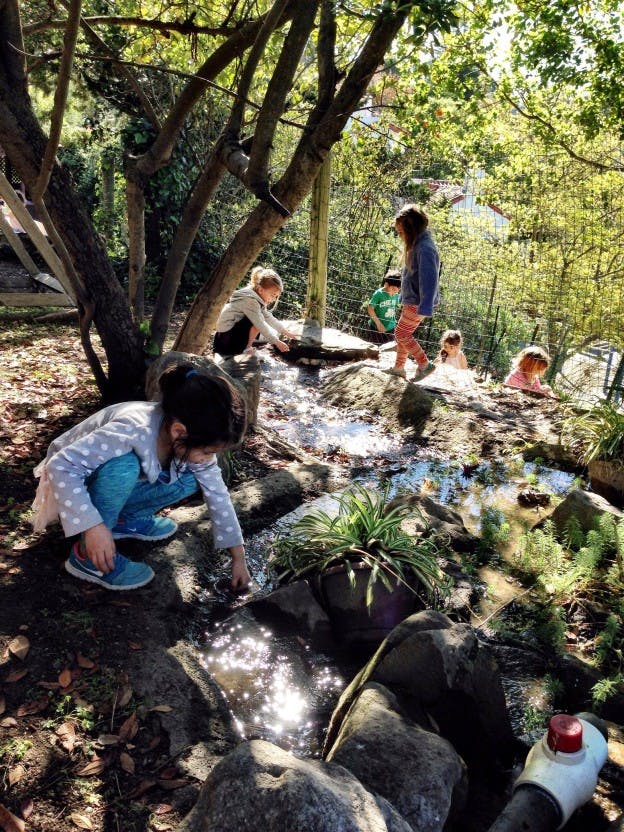 Children playing in a stream outdoors