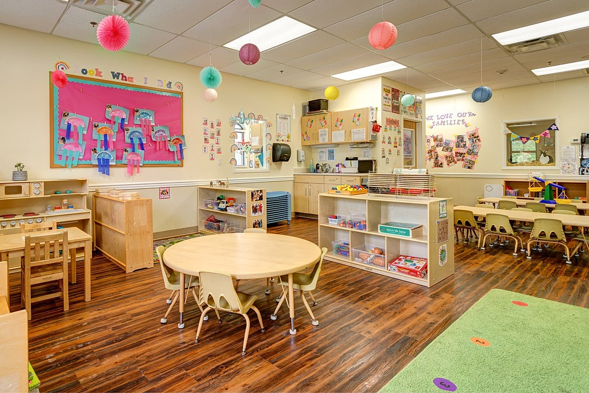 Empty classroom with small tables and chairs