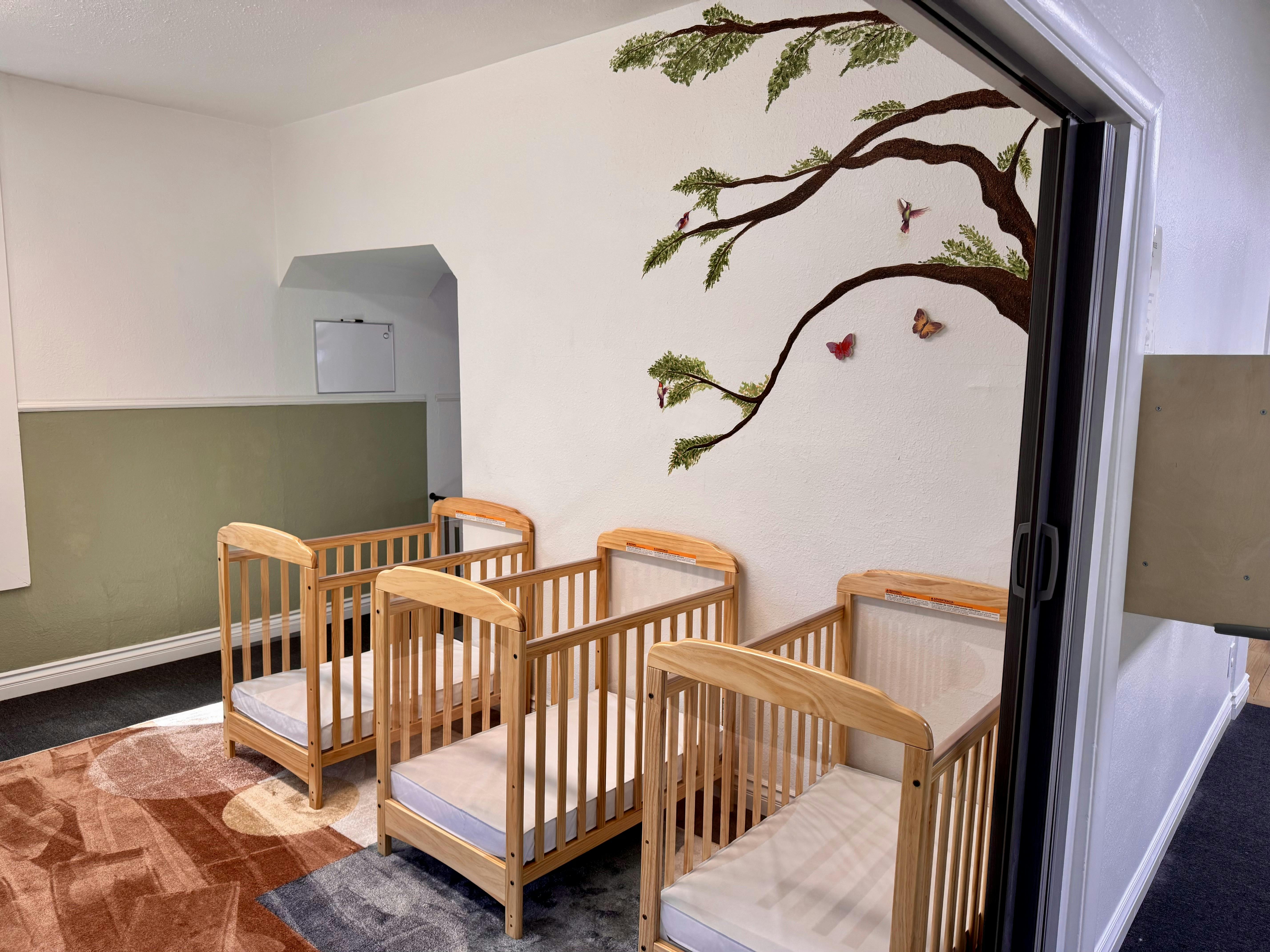 Three wooden cribs lined up against a wall with a tree mural