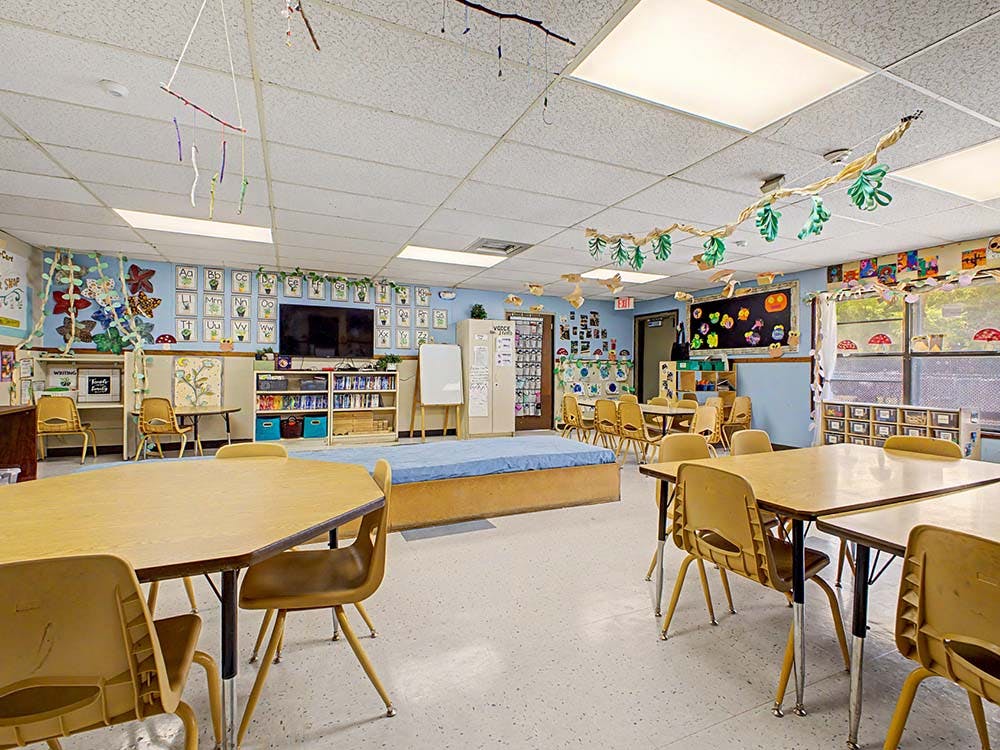 Empty classroom with small tables and chairs
