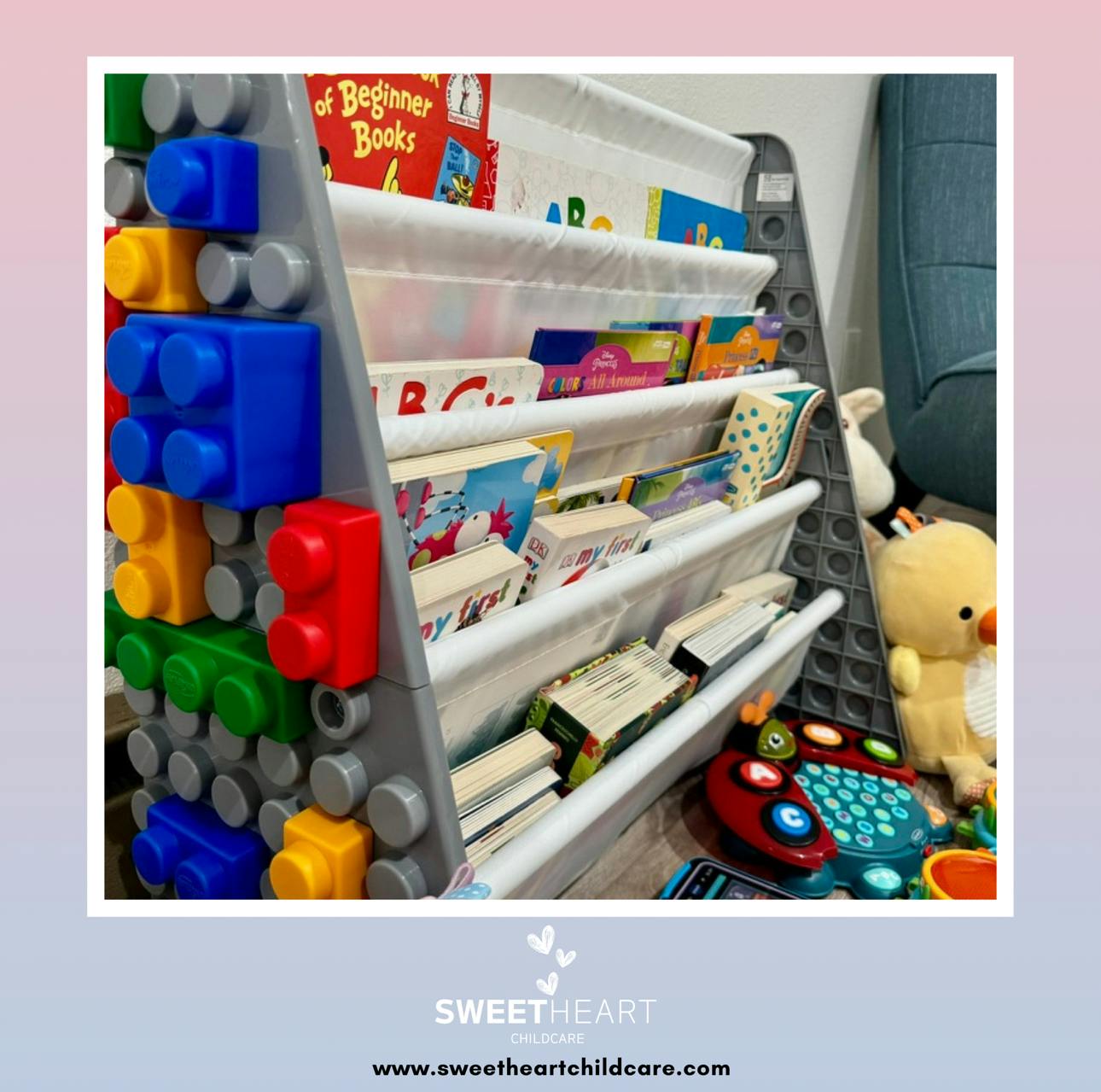 Children's bookshelf with books and large building blocks