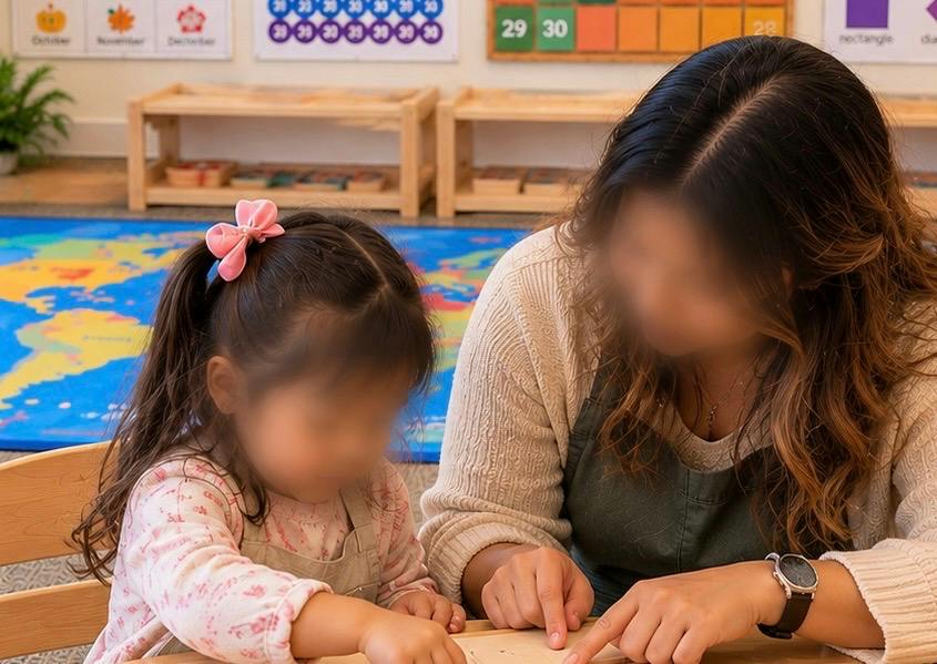Adult and child pointing at a project together in a classroom