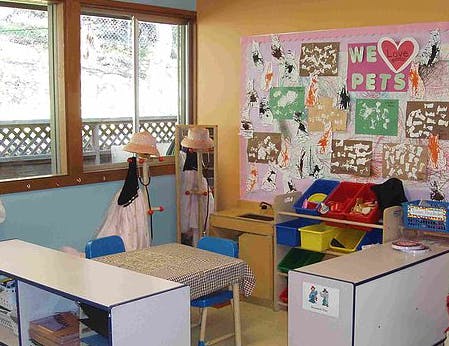 Classroom with children's artwork on a bulletin board and small tables