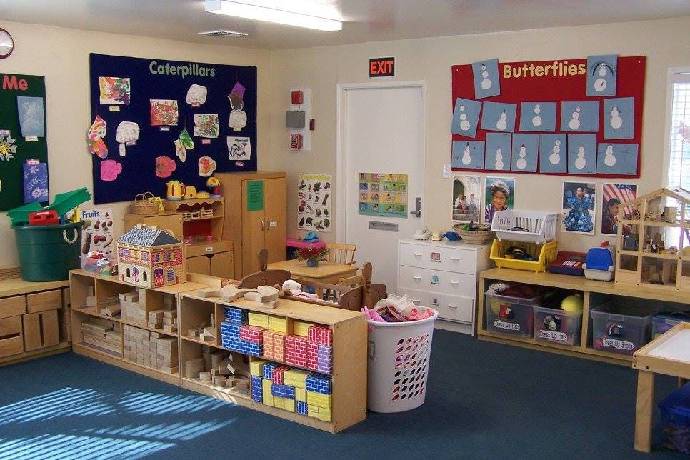 Classroom with shelves of toys and learning materials