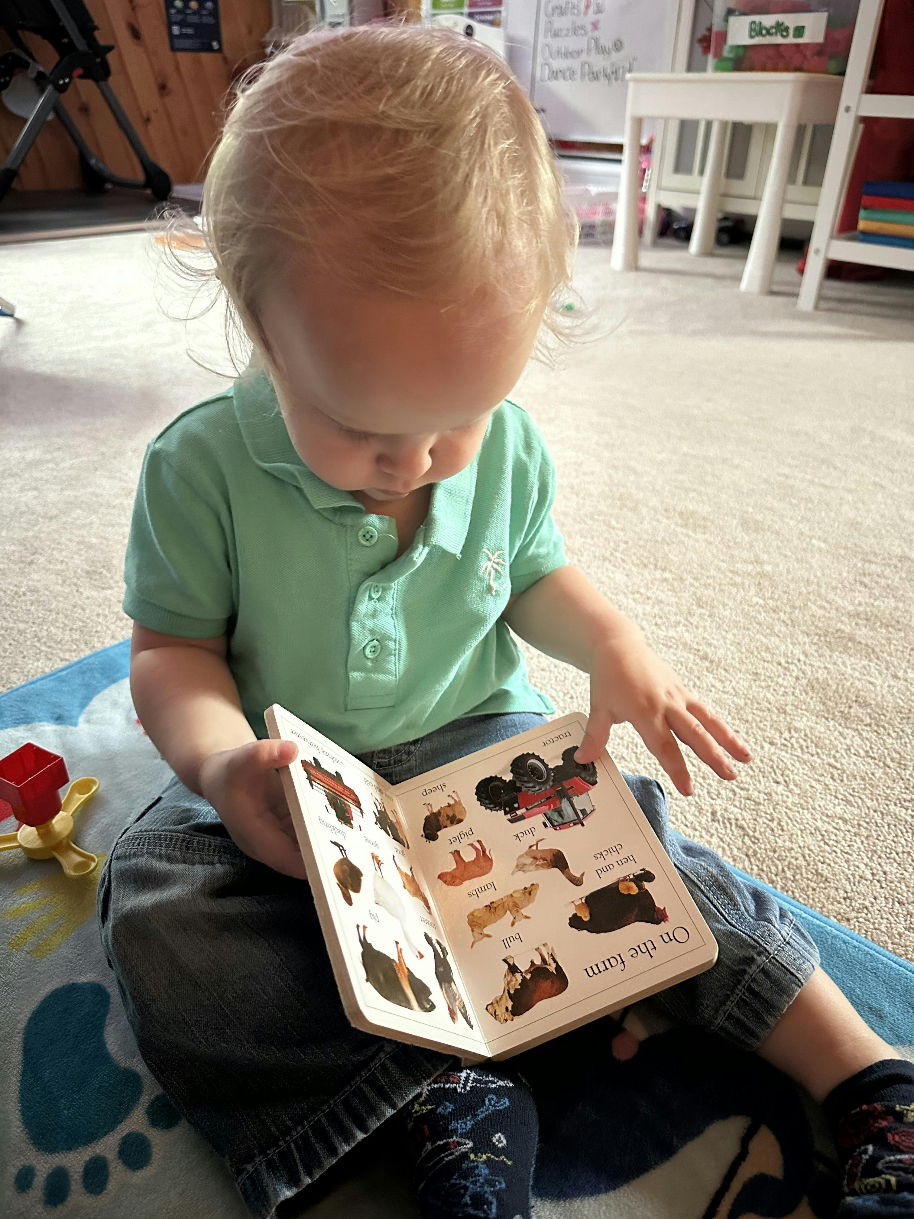 Child sitting on floor looking at a picture book