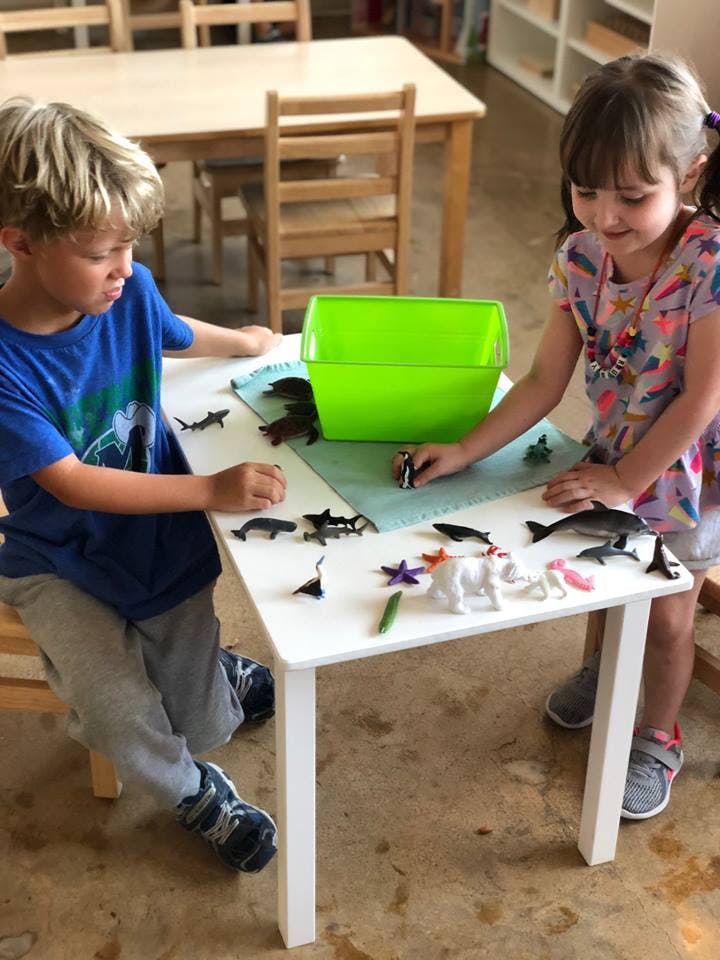 Two children playing with animal figurines on a small table