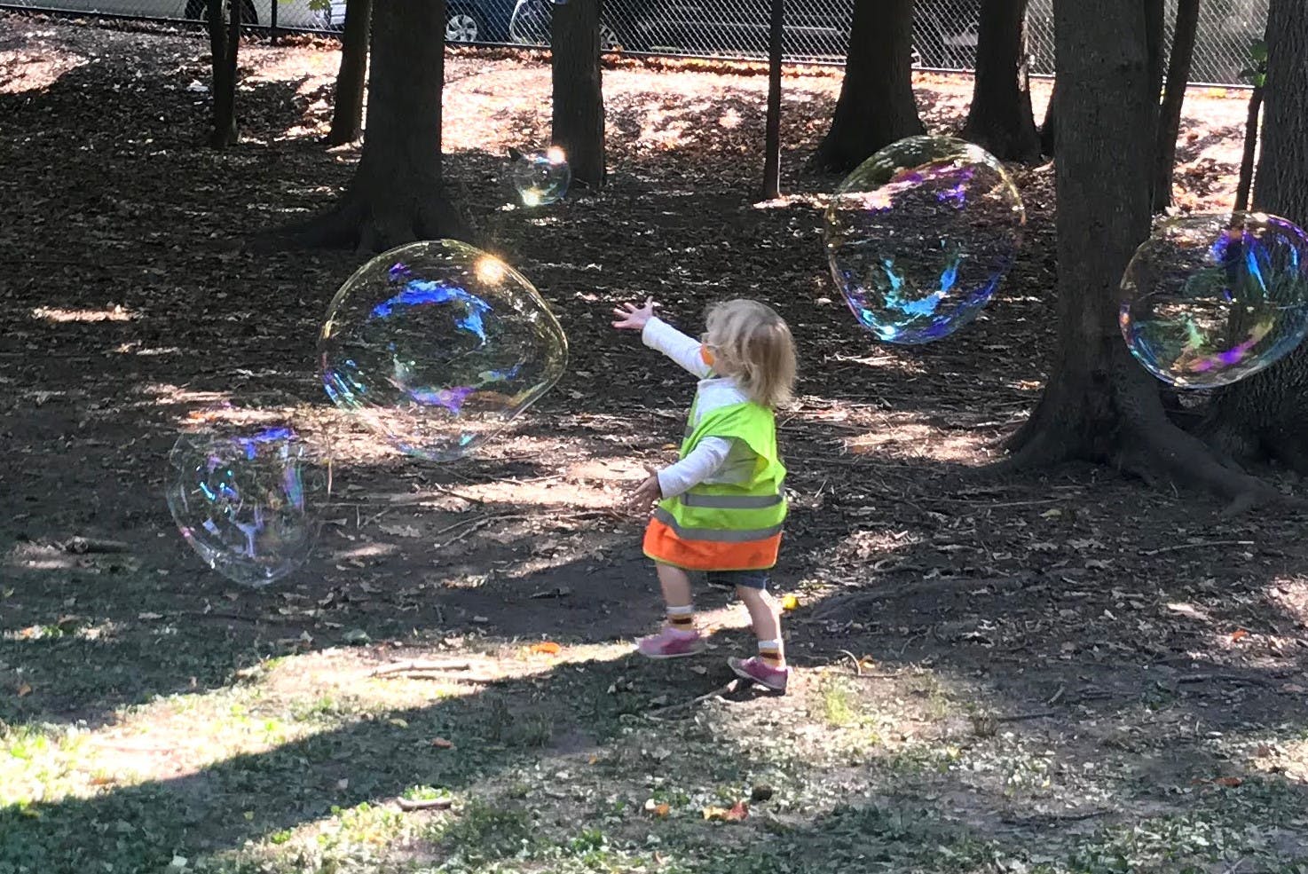 Child reaching for bubbles outdoors