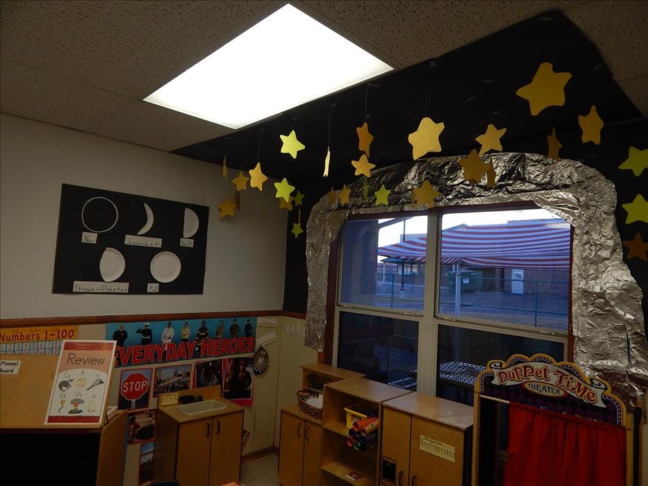 A classroom decorated with stars and a moon phase chart