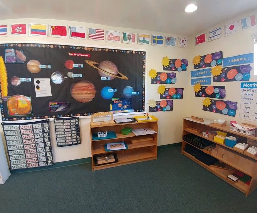 Classroom with solar system poster and flags on the wall