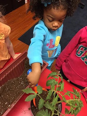 Child using a small shovel to move soil into a planter