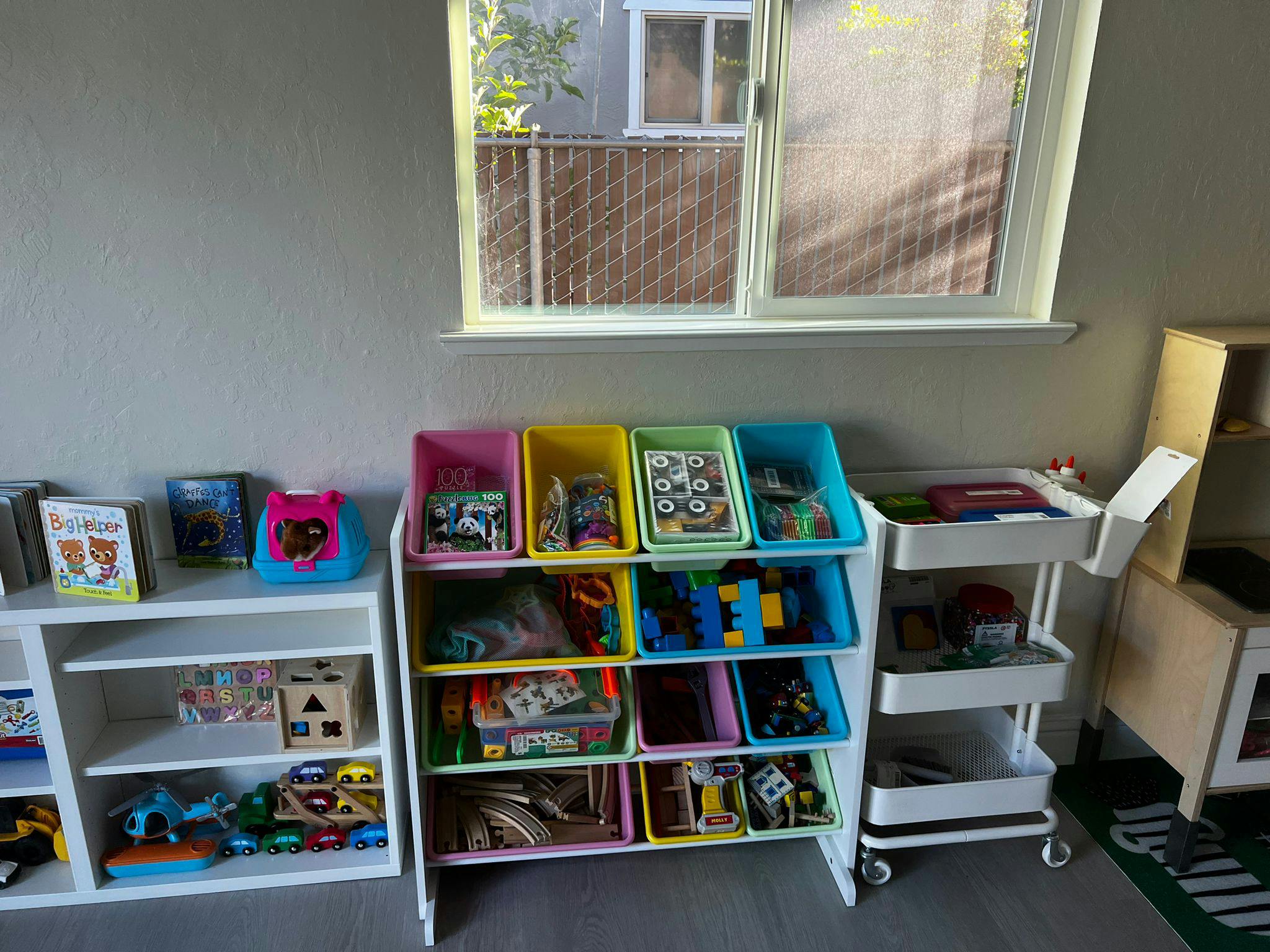Shelves with books and colorful bins filled with toys
