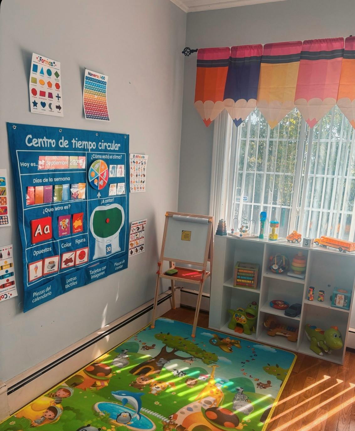 Playroom with a colorful rug, wall chart, easel, and toy shelves