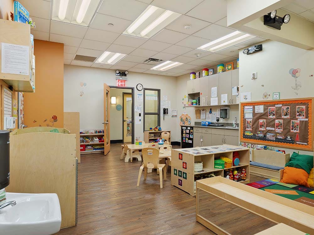Classroom with child-sized furniture and learning materials