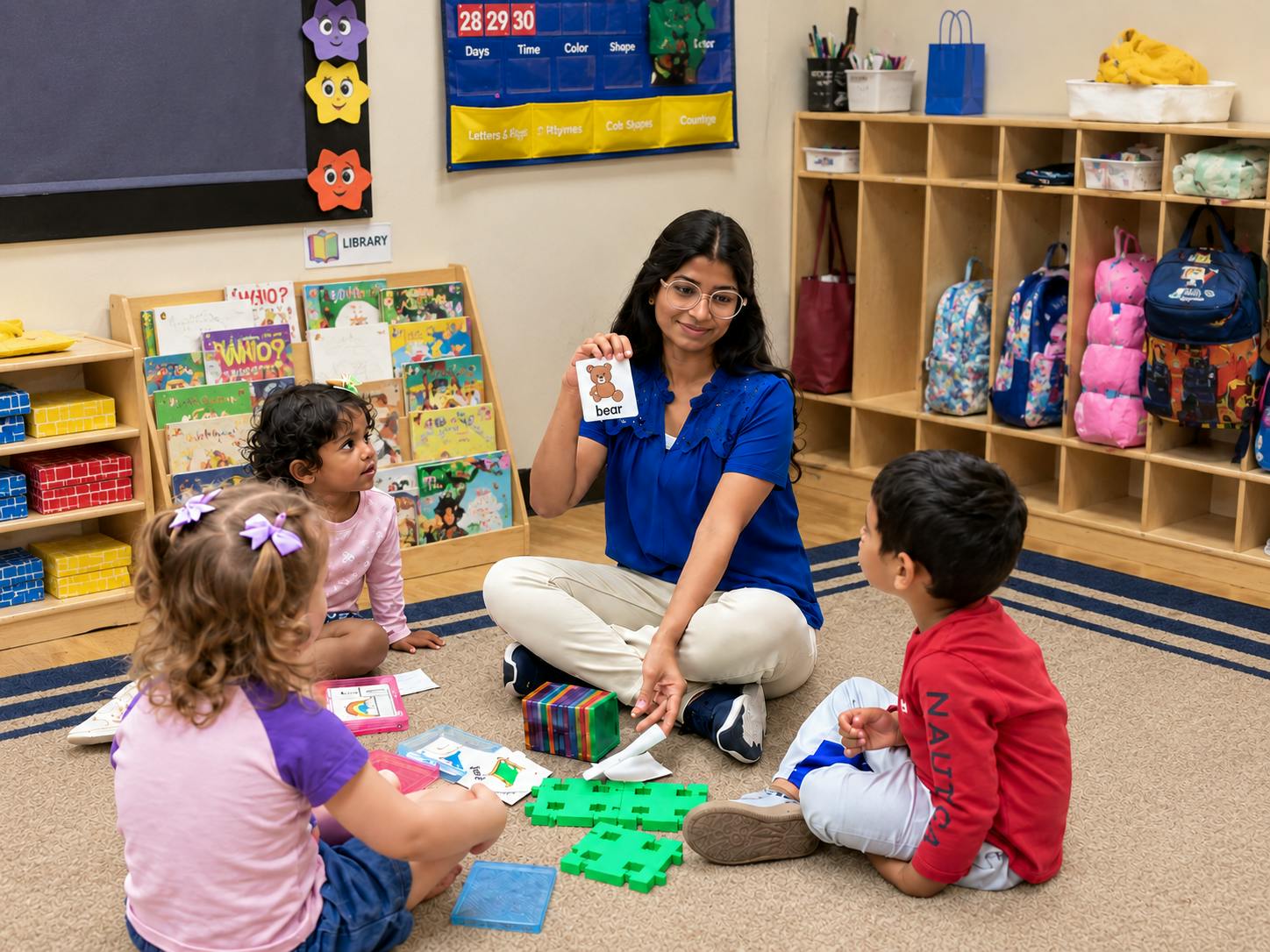Person holding a flashcard for children in a classroom