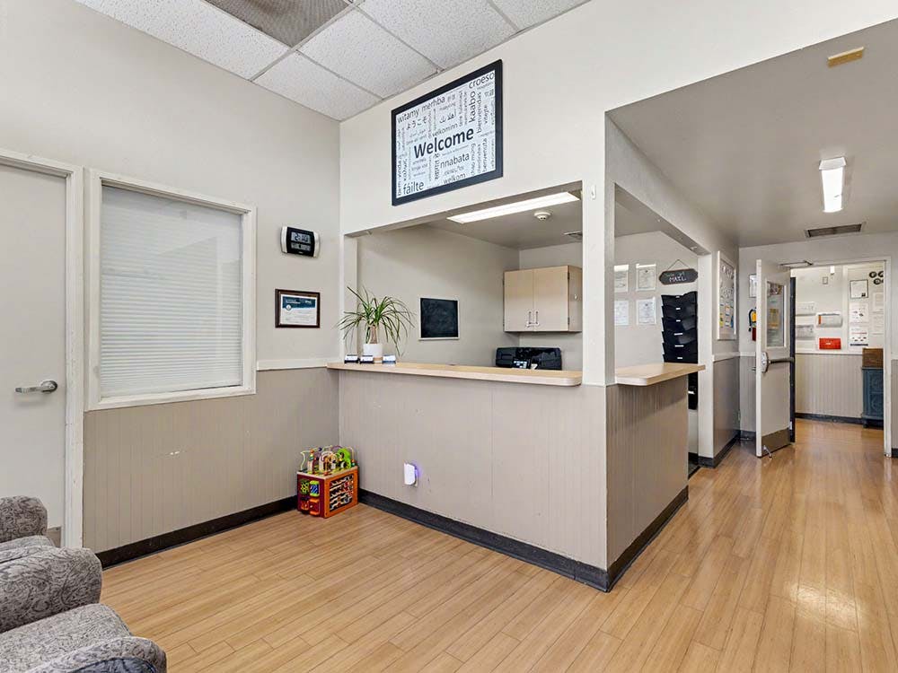 Reception area with a counter, a plant, and a welcome sign above