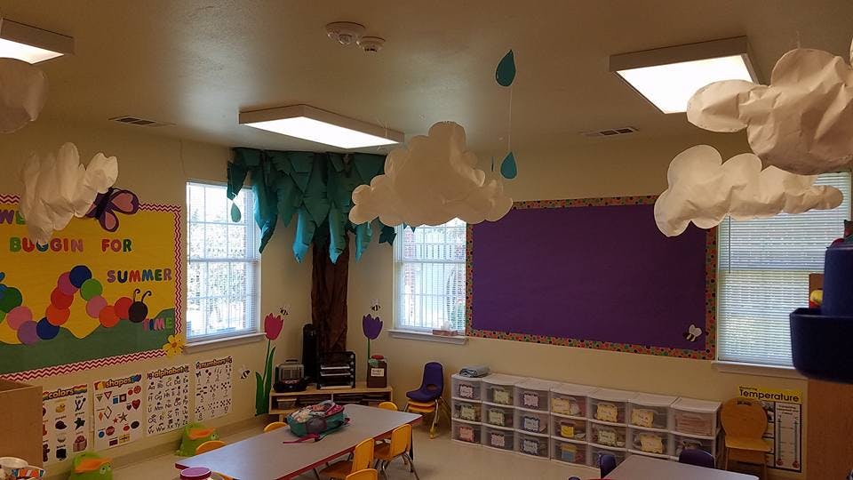Classroom decorated with paper clouds and a colorful bulletin board