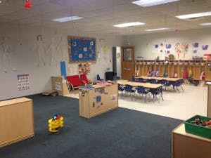 Empty classroom with small tables and chairs