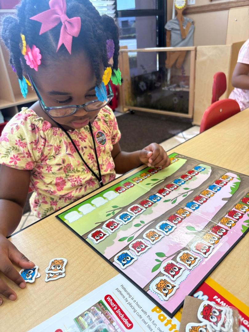 Child with glasses playing a game with owl-shaped pieces