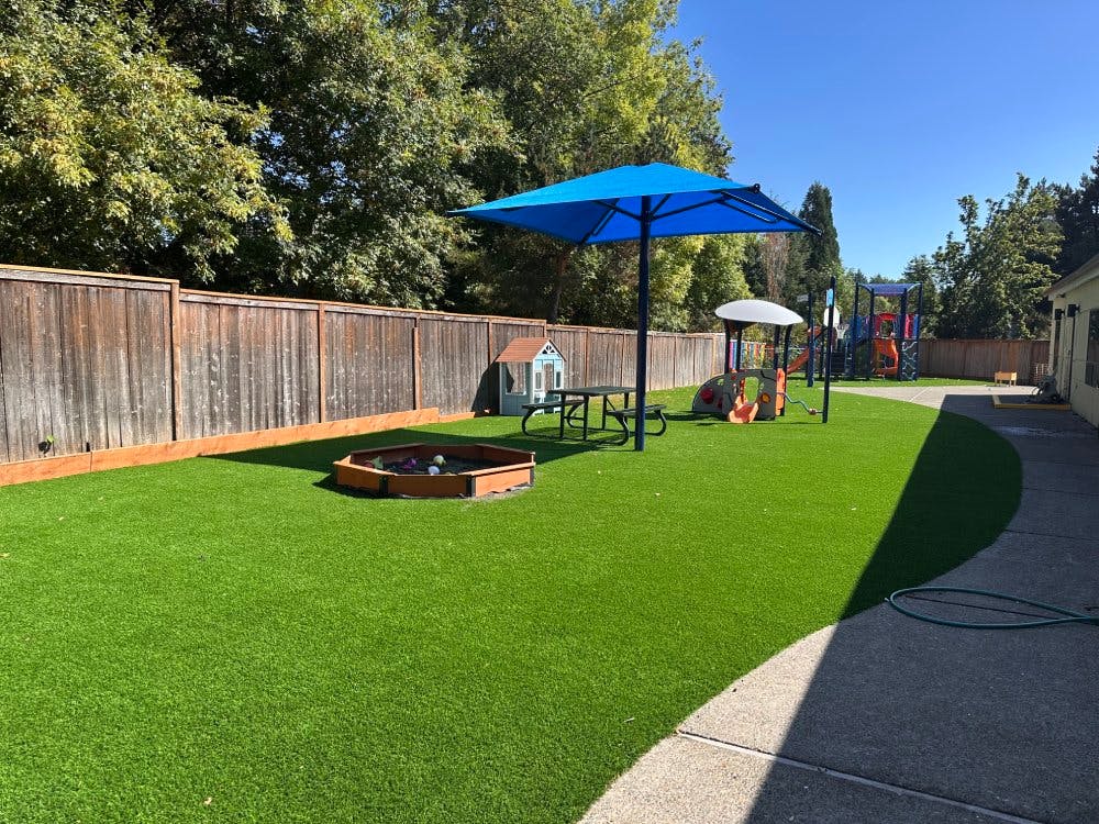 Playground with artificial turf, sandbox, picnic table, and play structures