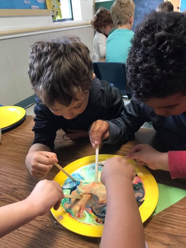 Children doing an art project with paint on a yellow plate