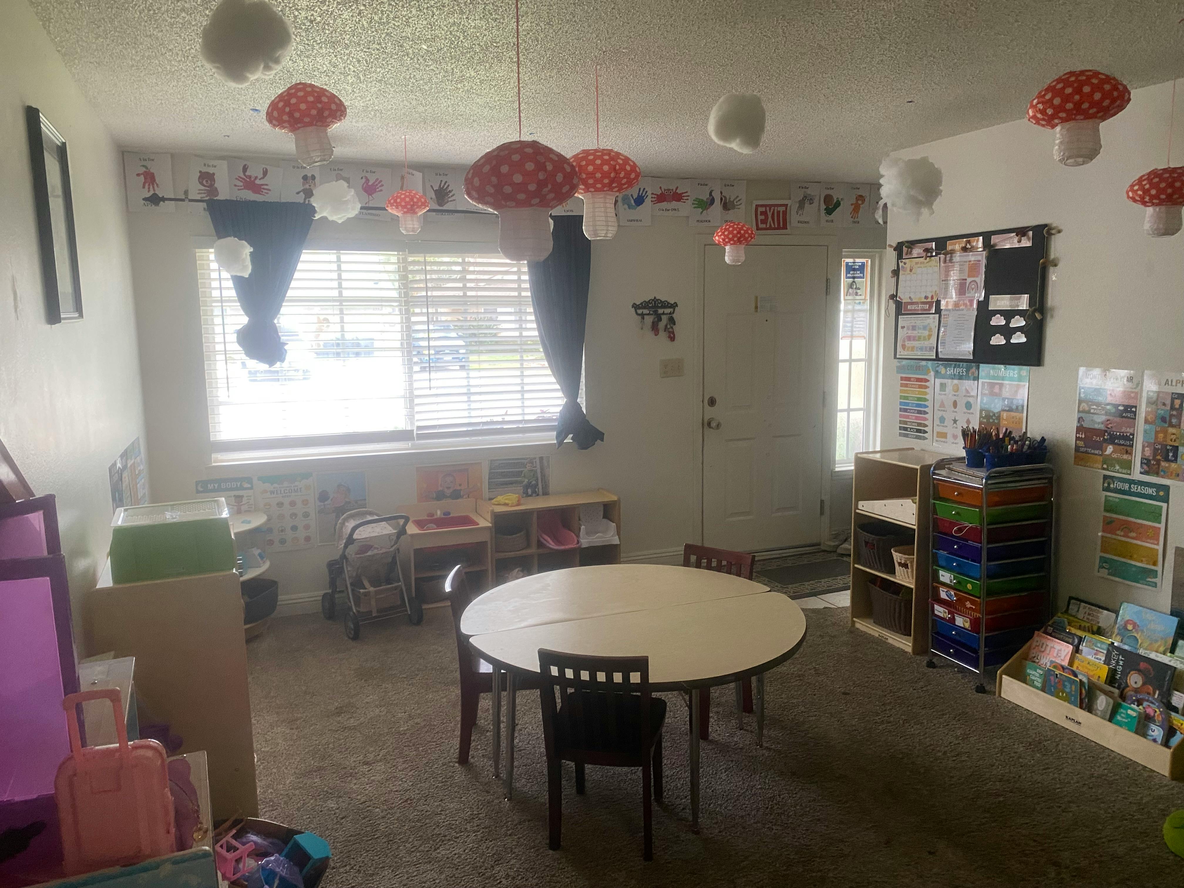 Classroom interior with tables, chairs, and mushroom-shaped hanging decorations