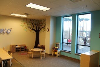 Empty classroom with tree mural and small tables