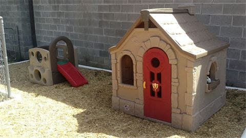 Playhouse and slide on wood chips