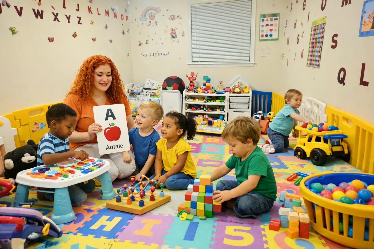 Teacher holding up a letter A card to a group of children in a classroom