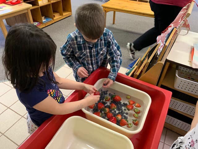 Two children playing with berries in water in a classroom