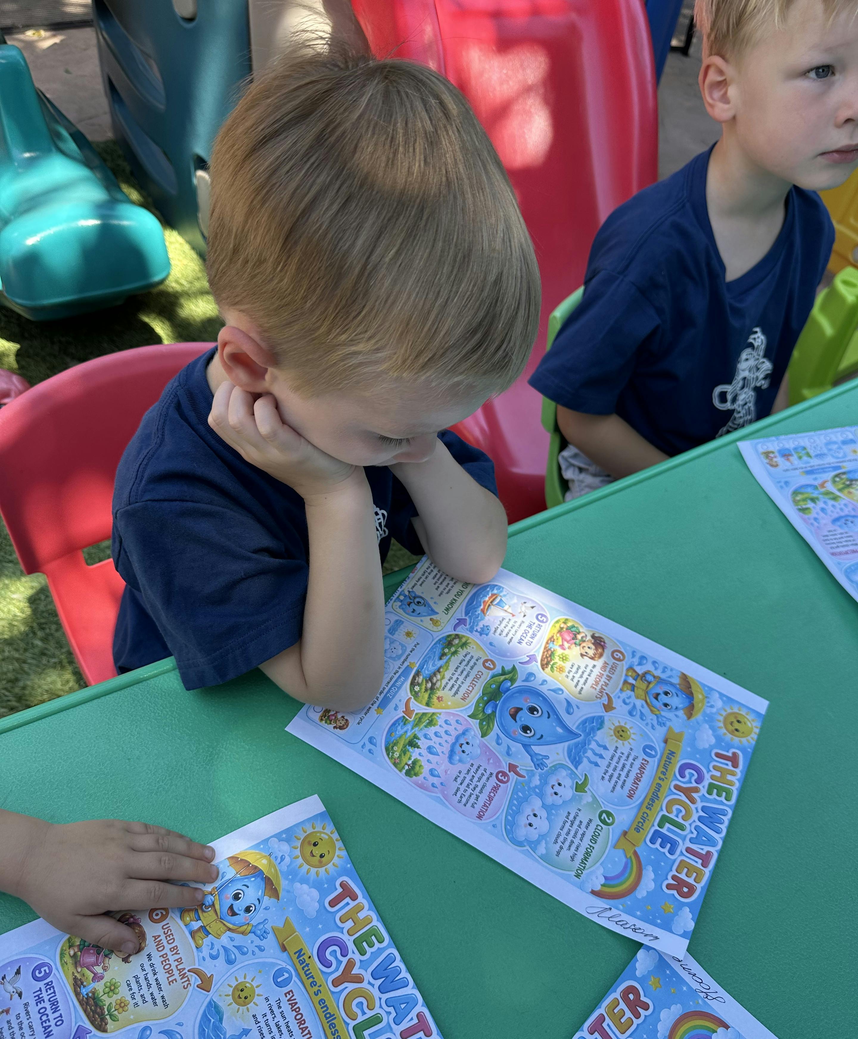 Child looking at a "The Water Cycle" diagram at a table