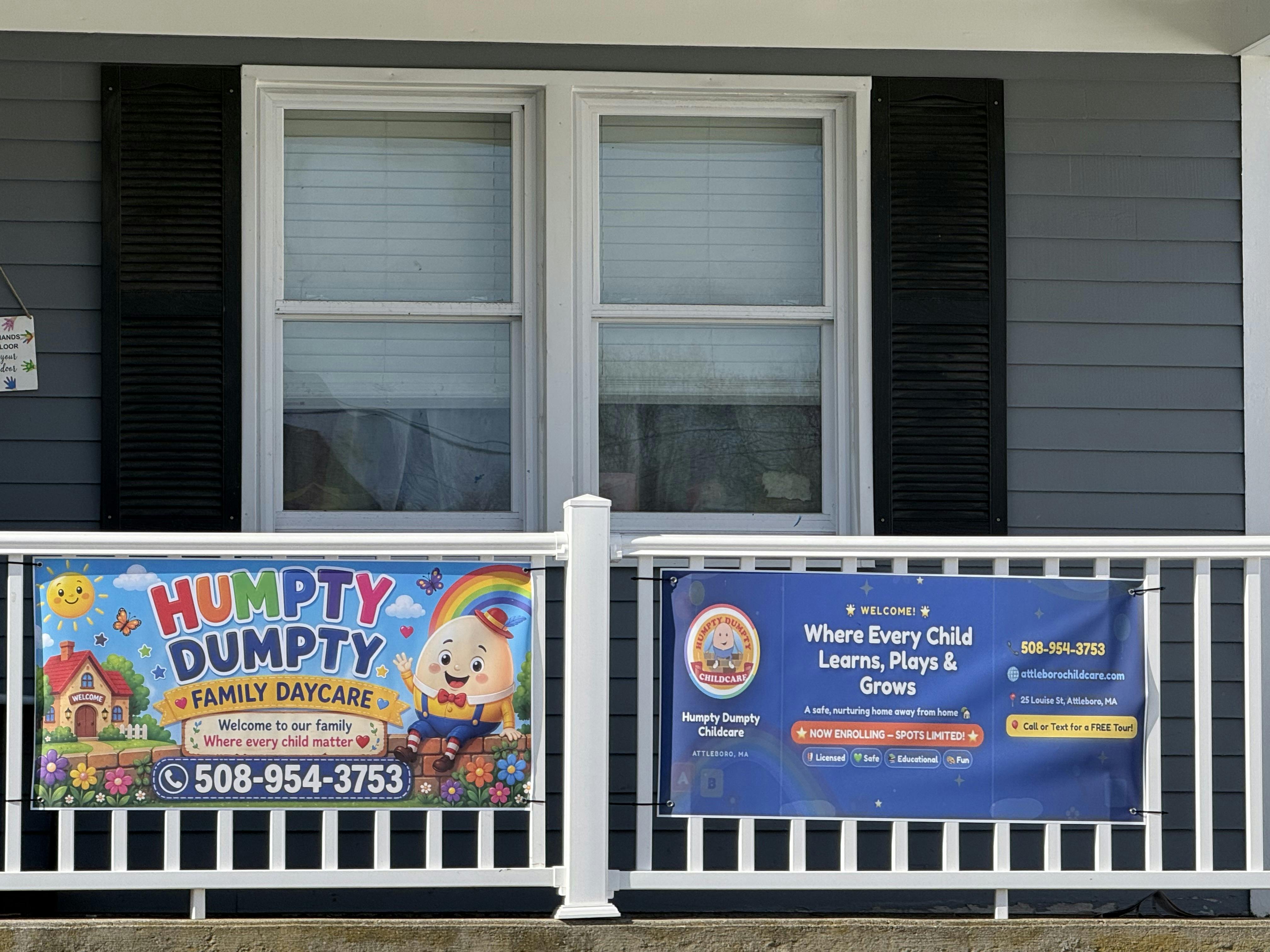 Humpty Dumpty Family Daycare banners on a building railing