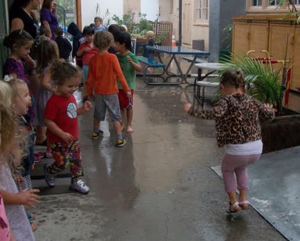 Children playing on a wet patio