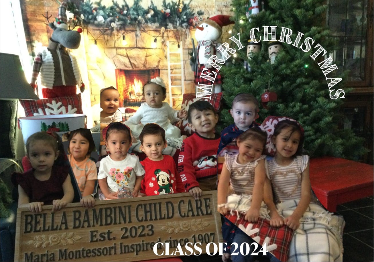 Group of children in front of a Christmas tree with a sign that reads "Bella Bambini Child Care"