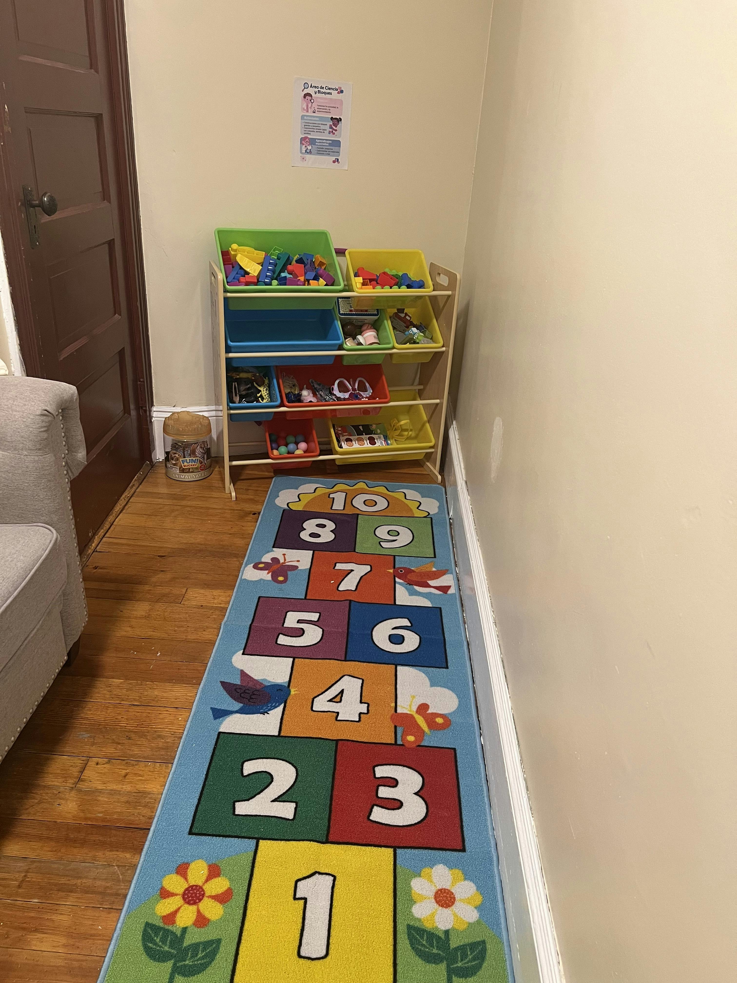 Hopscotch rug on a wooden floor next to a toy organizer