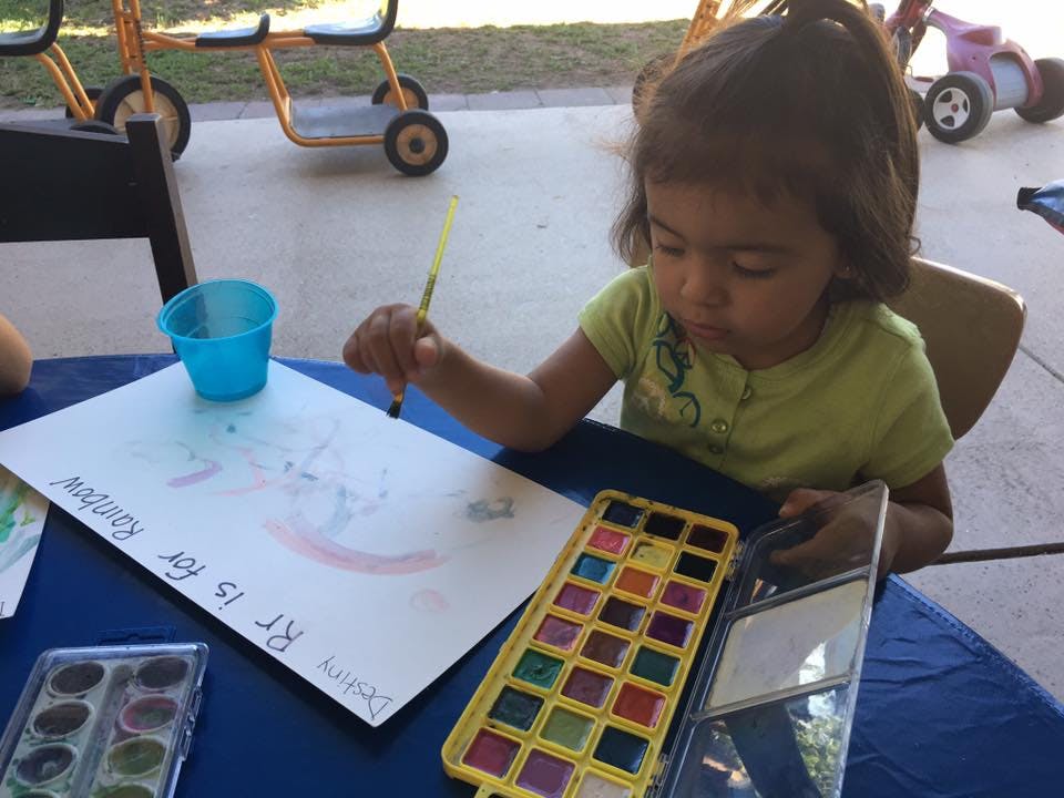 Child painting on paper with watercolors