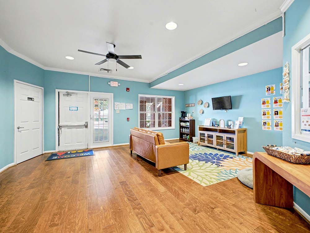 Lobby with blue walls, wood floors, brown couch, and colorful rug