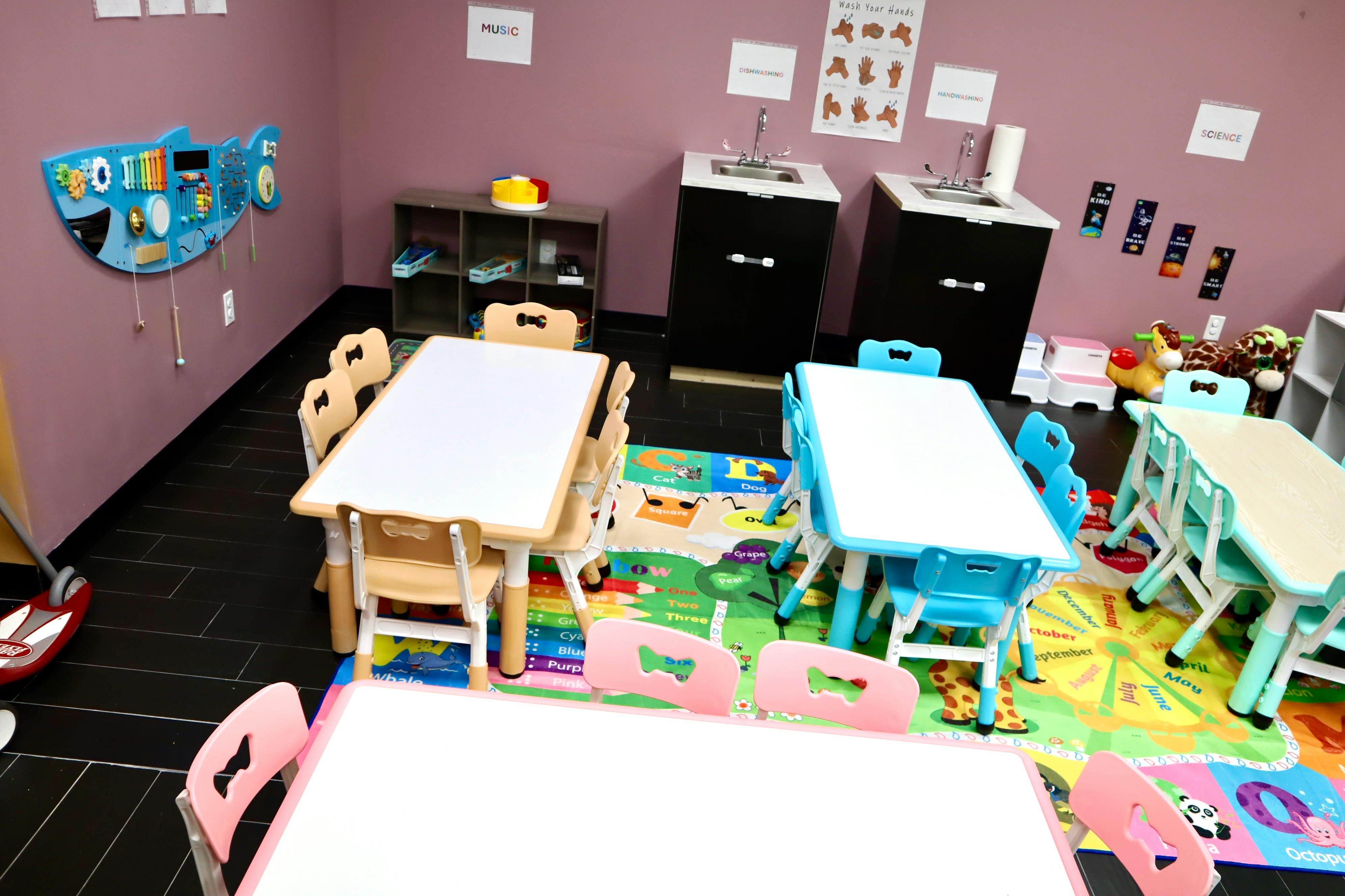 Classroom with multiple tables and chairs for children