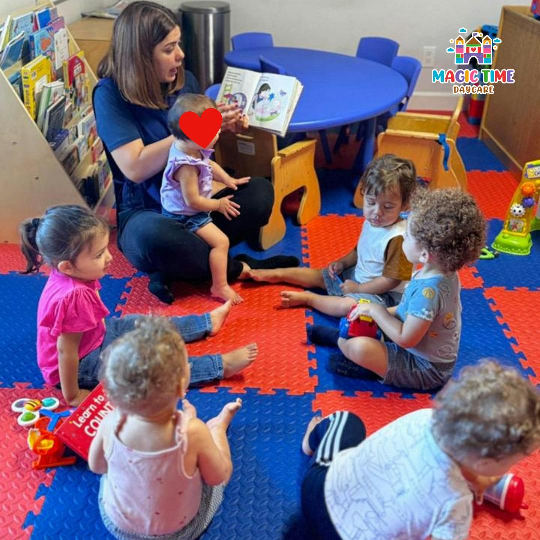 Person reading a book to children sitting on a colorful mat