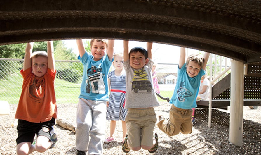 Children hanging from playground equipment