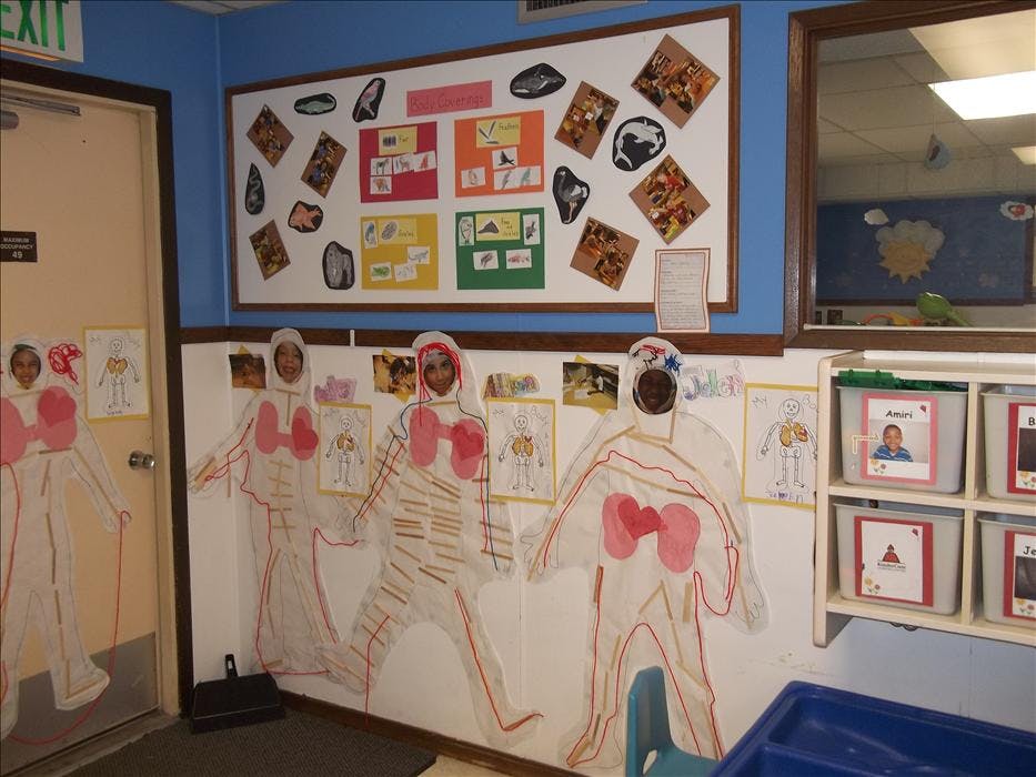 Three children peeking through cutout human body diagrams on a wall